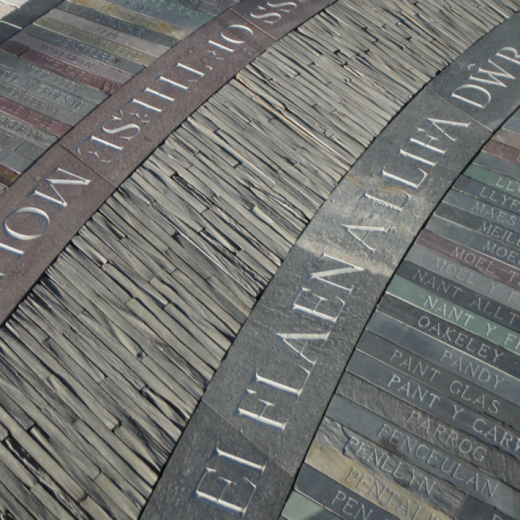 Detail of inscribed slate installation in Blaenau Ffestiniog by Howard Bowcott